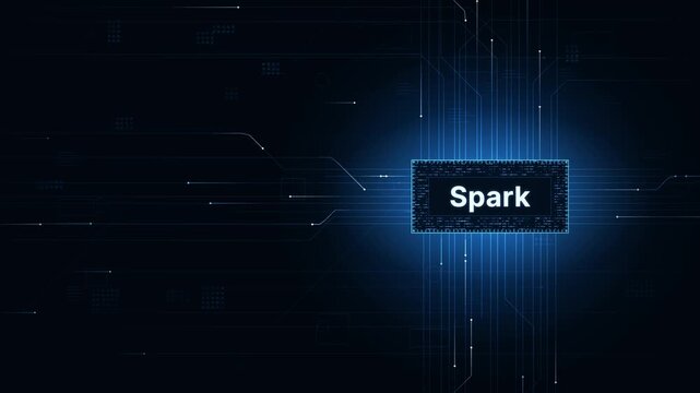 Dynamic navy electric circuit board animation featuring glowing traces and pulsing data, showcasing the text 'Spark' in a modern chip font against a dark background, with vibrant blue highlights.