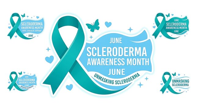 Teal awareness ribbon for scleroderma with June month text and butterflies