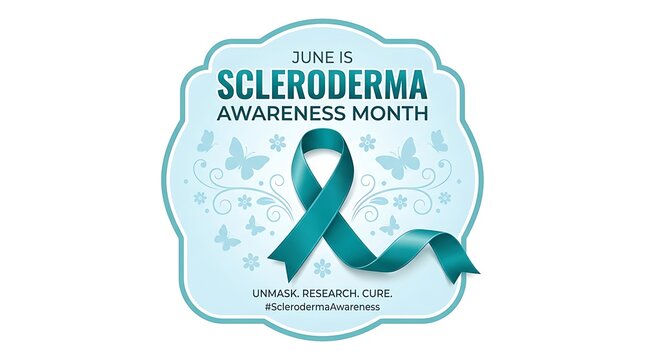 June is scleroderma awareness month with teal ribbon and butterflies on light background