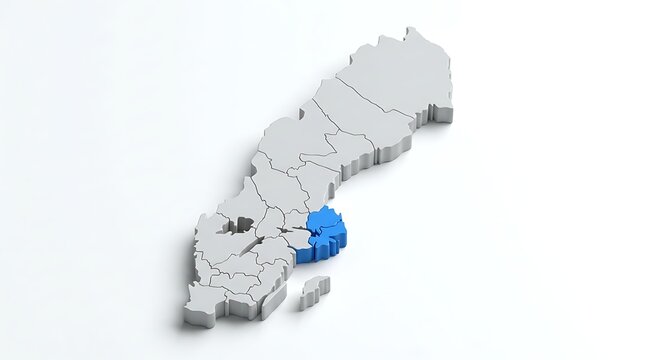 Three dimensional map illustrating specific regional division within northern european country borders isolated white background with administrative region highlighted
