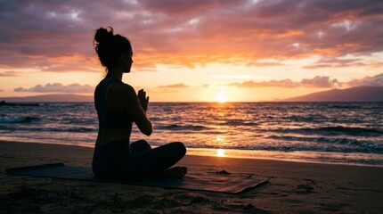 Fototapeta premium Woman Practicing Yoga Meditation on Beach at Sunset with Waves