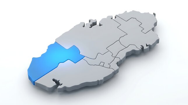 Three dimensional map of qatar highlighting the western region with a glowing blue accent section with highlighted bright glowing divided distinct segments