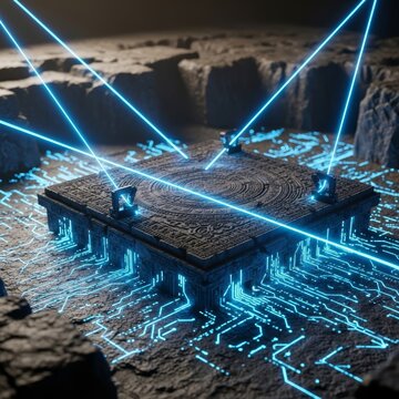 A futuristic archaeological excavation site featuring ancient stone platforms illuminated by azure neon scanning lasers and digital circuits, glow, past, technology