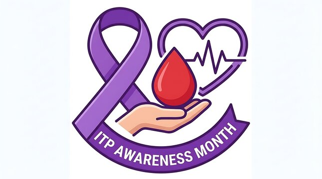 Purple ribbon with hand holding red blood drop and heartbeat for ITP awareness month