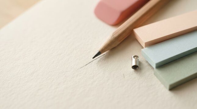 Close-up of a wooden pencil drawing a line on textured white paper with colorful erasers and sticky notes nearby for stationery and education concepts