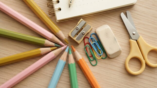 Flat lay of colorful school supplies including colored pencils, sharpener, eraser, paper clips, scissors, and a notebook on a wooden table, representing back to school education concept