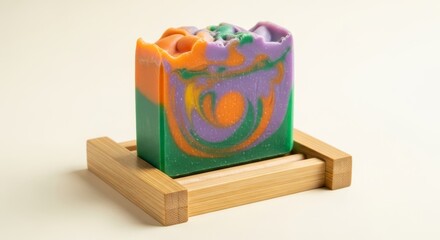 Obraz premium A handcrafted organic colorful soap bar sits on a sustainable bamboo dish against a soft cream background in a serene studio wellness shot, soap, product, quality