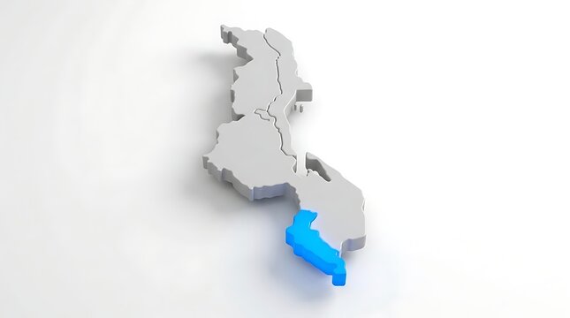 Three dimensional map of malawi highlighting southern region with bright blue color isolated on white background
