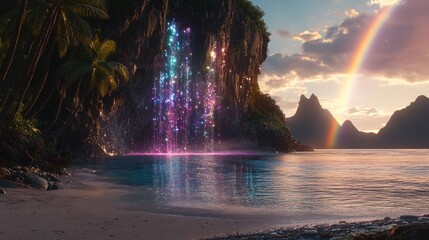 Obraz premium Magical waterfall cascading vibrant colours onto a tropical beach