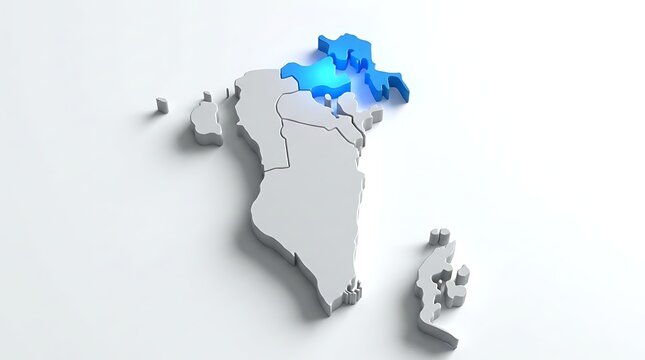 Three dimensional map of bahrain featuring a highlighted northern district region on white background with highlighted bright blue nation single northern