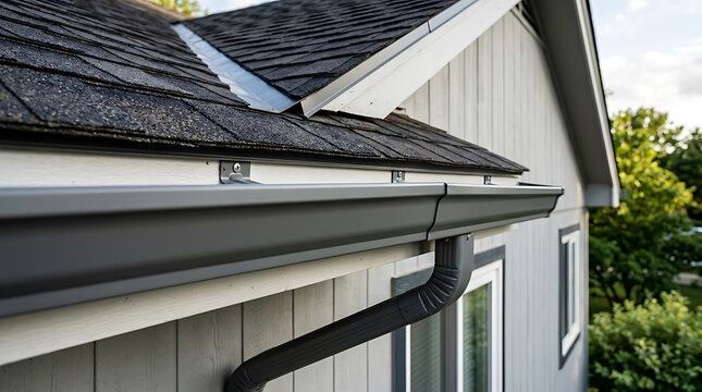 Close-up of modern residential house roof with roof gutter and downspout system in well-maintained suburban environment