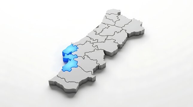 Three dimensional map illustrating highlighted western coastal regions against neutral gray geographic landmass background with specific coastal sections
