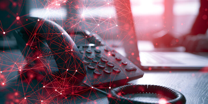 Modern office VoIP handset on a desk featuring a glowing red digital network overlay, concept for telecommunications systems, digital connectivity, and global business communications
