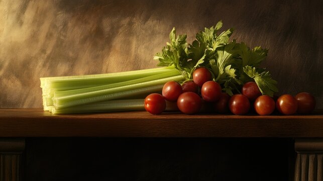 Still life of celery and cherry tomatoes