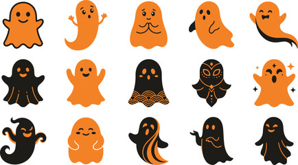 Fototapeta premium Collection of cute orange and black ghost characters for fun halloween decorations and party design elements