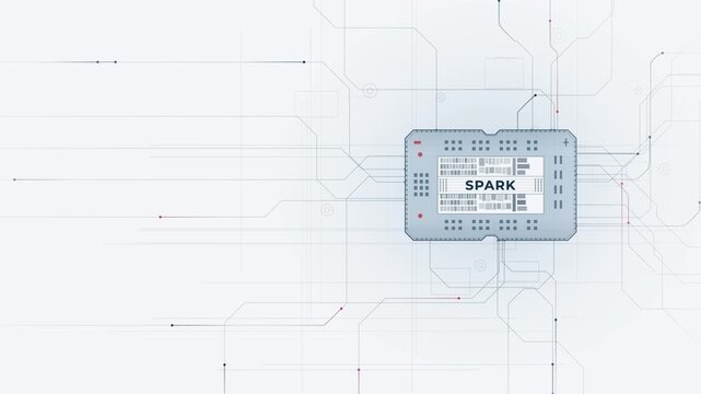 Dynamic Spark Chip Blueprint Wipe Animation with Modern Lines and a Tech-Inspired Aesthetic in Soft Blue and Red Tones, Perfect for Presentations and Tech Demos