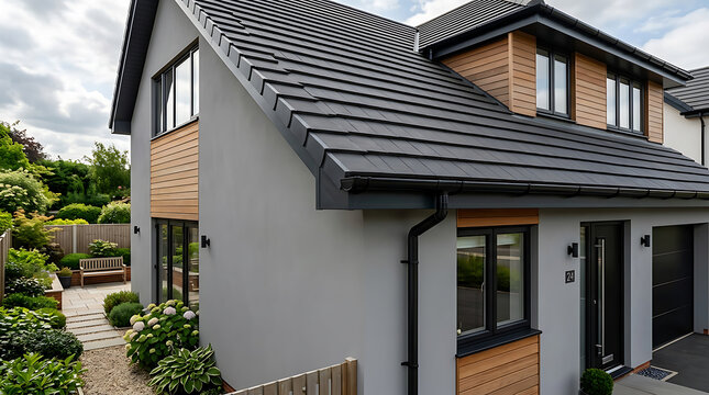 Modern contemporary two-story house with sleek black roof and wooden accents showcasing innovative residential architecture