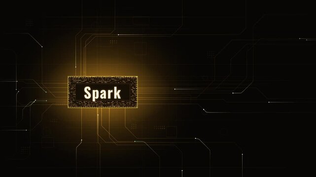 Dynamic Spark Chip PCB Animation Featuring Amber Trace Glow and Pulsing Light Elements in a High-Tech Circuit Background