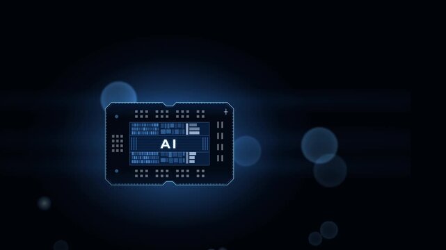 Futuristic AI Chip Animation with Blue Glow and Bokeh Effects, Featuring a Modern Montserrat Font, Ideal for Technology and Innovation Themes