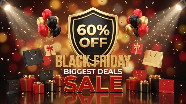 Black Friday sale banner with 60% off gold shield, 3D gift boxes, shopping bags, and balloons on festive bokeh background for retail promotion.