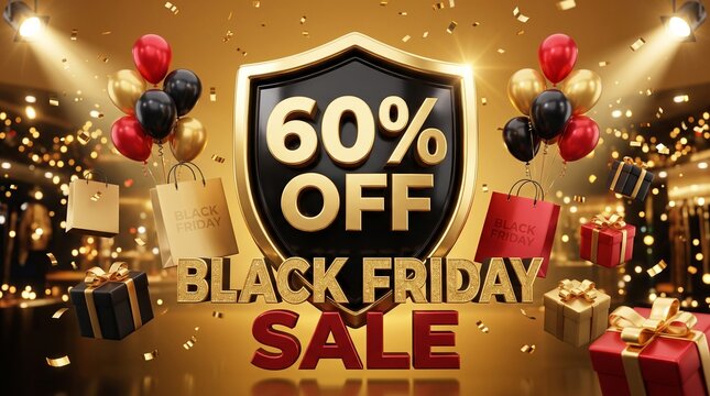 Black Friday Sale 60% Off banner with 3D gold shield, festive red and black balloons, gift boxes, and shopping bags on a luxury gold background with confetti.