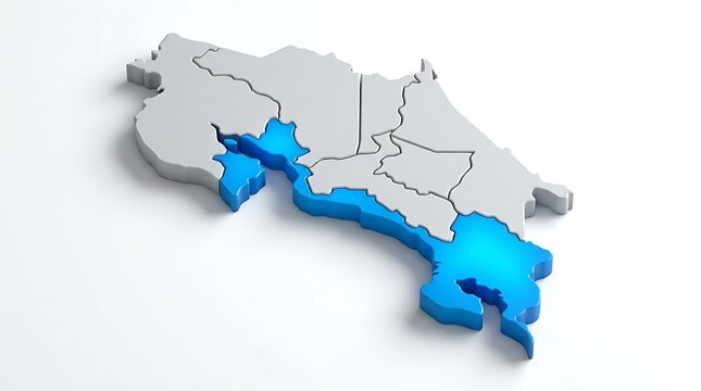 Three dimensional map illustrating highlighted coastal regions against a minimalist white background for geographic data analysis with dimensional model country