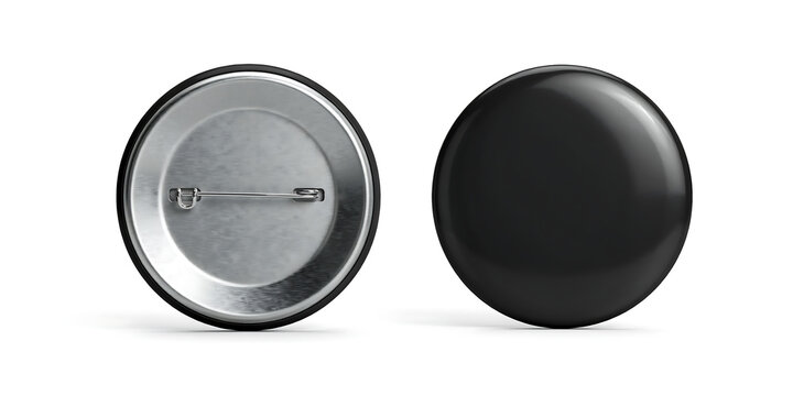 Blank black circular pin badge mockup isolated on white background with template accessory branding identity minimalist fastener collectible corporate circular merchandise