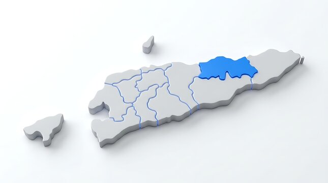 Three dimensional map of east timor with one highlighted district isolated on white studio background with single distinct district highlighted blue