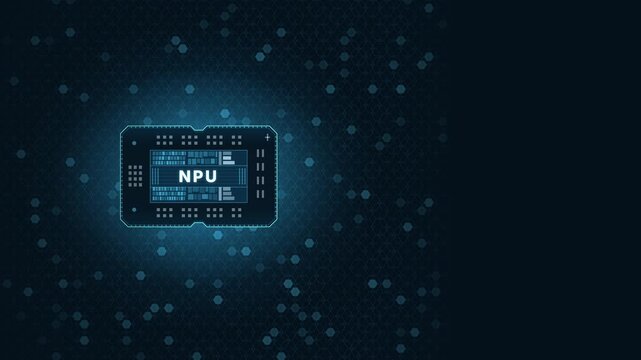 Futuristic NPU chip design featuring a glowing hex mesh background with dynamic light effects, showcasing vibrant teal, deep navy, and bright cyan elements, ideal for technology presentations.