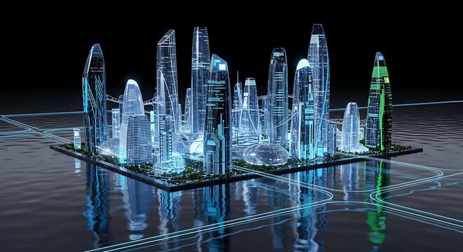 Futuristic Night City Skyline Model with Glass Towers on Floating Platform