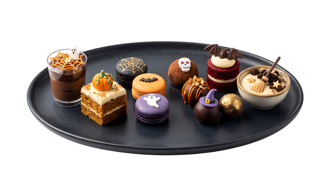 Mini halloween desserts on black plate including mousse cake macarons chocolates.