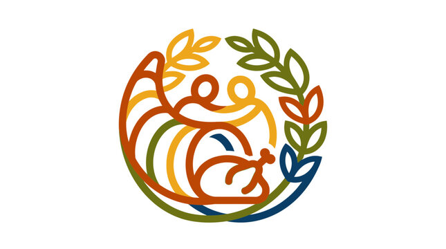Abstract Thanksgiving Harvest Festival Logo with Cornucopia Wheat and People Silhouettes