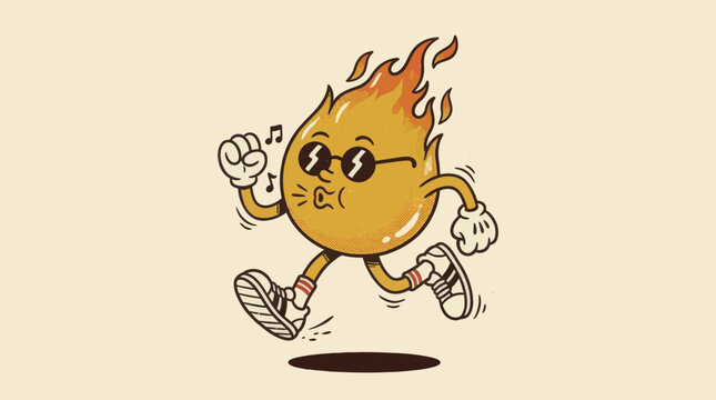 Running fire flame character illustration in retro style