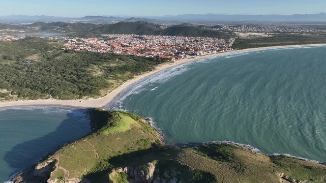 Cabo Frio in Rio de Janeiro. Conchas beach, Praia das Conchas. Aerial view, establishing shot.