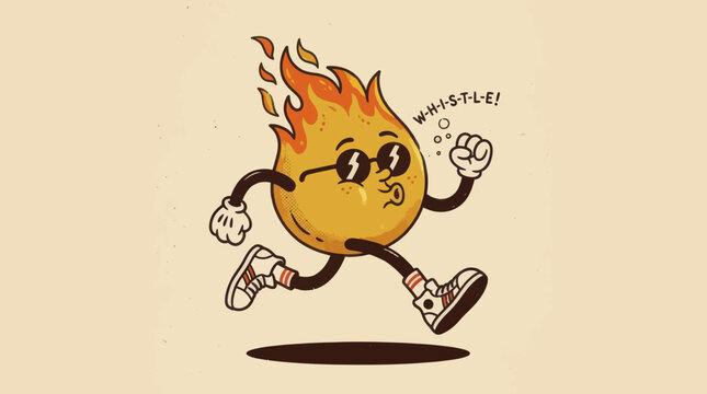 Running fire flame character illustration in retro style