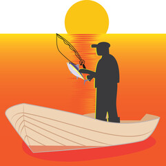 A vector art of a person doing fishing during sunrise or sunset without sky background.