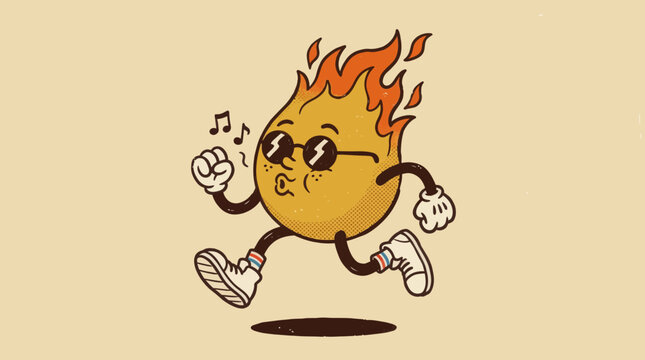 Running fire flame character illustration in retro style