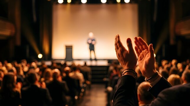 Audience clapping at a live conference with speaker on stage background
