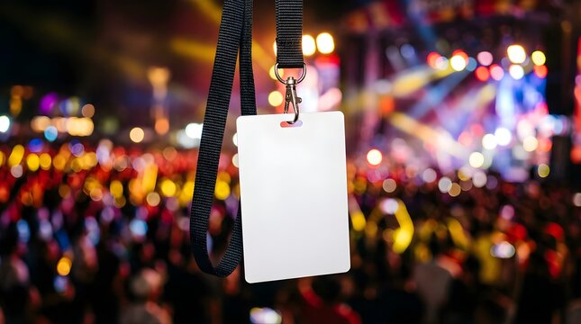 Blank ID badge lanyard hanging in front of a blurred concert stage crowd