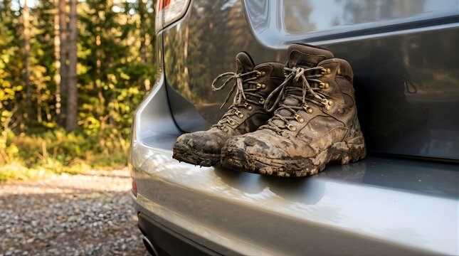 Dirty hiking boots resting on a car bumper after a forest trek