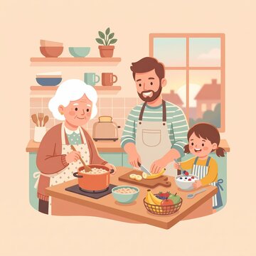 AI generated illustration of a multi-generational family cooking together in a cozy kitchen
