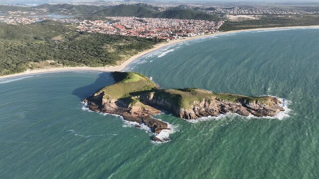 Cabo Frio in Rio de Janeiro. Conchas beach, Praia das Conchas. Aerial view, establishing shot.