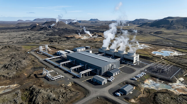 Expansive aerial view of a geothermal power plant generating steam and electricity amidst a rugged, mountainous landscape.