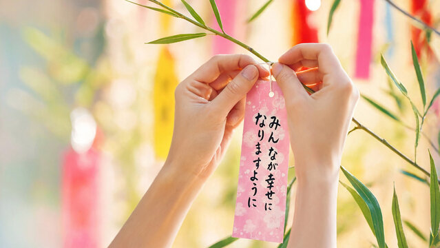 Hands tying pink tanzaku wish paper to bamboo branch, sendai tanabata star festival, japanese summer ritual, colorful paper streamers, shrine prayer, decorations, hope, fortune, tradition