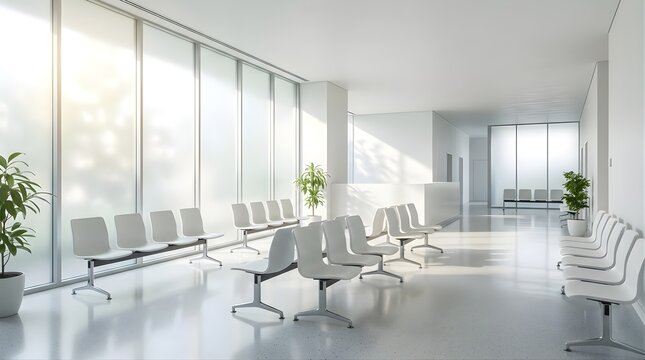 Modern bright hospital waiting room with empty chairs and window light