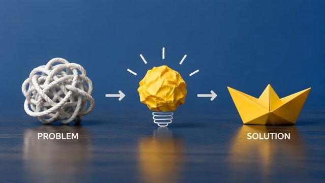 Creative problem solving concept with tangled ball transforming into bright yellow lightbulb and paper boat representing business solution