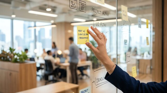 Businessperson placing sticky note on glass wall in office creative workshop meeting brainstorm planning process