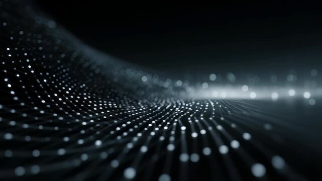 Abstract digital wave of glowing dots on a dark background, representing futuristic technology and data flow. Dynamic lines and luminous particles create a sense of innovation and connectivity
