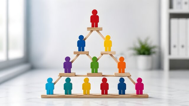 Corporate organizational structure and hierarchy leadership concept with red leader figure at peak of colourful employee pyramid