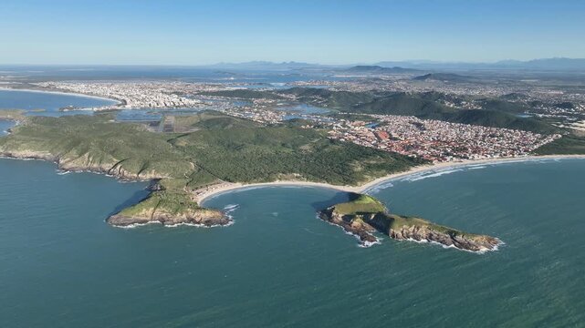 Cabo Frio in Rio de Janeiro. Conchas beach, Praia das Conchas. Aerial view, establishing shot.